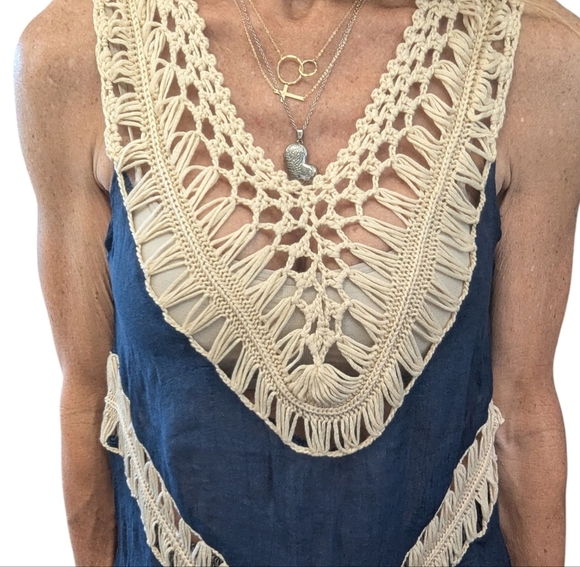 Vivid Importers Boho Cotton Navy Crochet Accent Asymmetrical Tank Blouse Size S - Picture 12 of 12